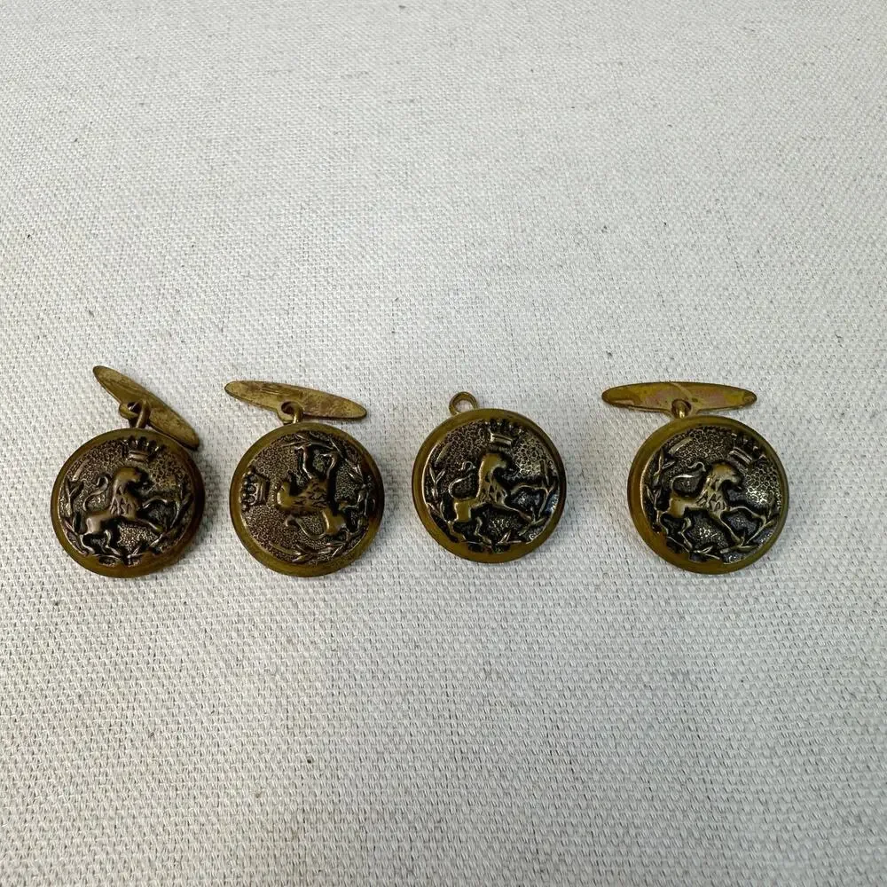 Antique Brass Buttons 4 Pieces Lion Cufflinks Army Uniform Copper Backs Round